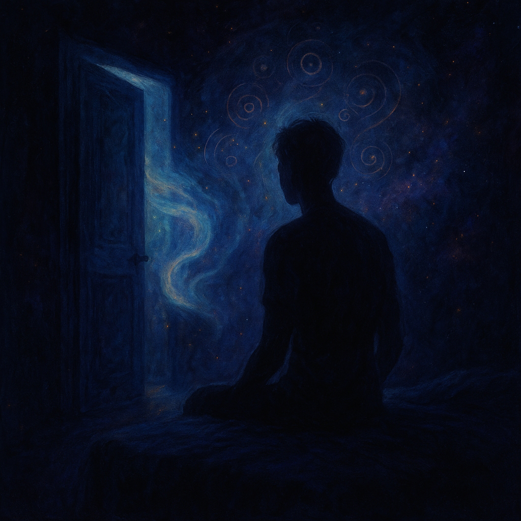 Imagen de una figura despertando abruptamente por una señal mística, con luz cósmica y símbolos metafísicos en el aire
