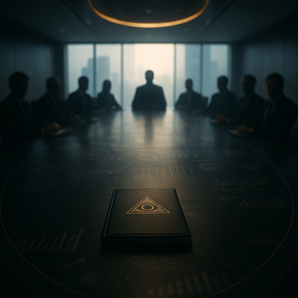 Ejecutivos sin rostro sentados alrededor de una mesa ovalada en una sala de juntas moderna iluminada por luz blanca, simbolizando el poder invisible de las corporaciones financieras.