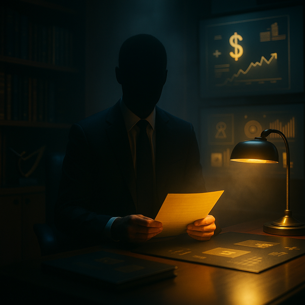 Figura sin rostro en despacho elegante sosteniendo documentos, símbolo del anonimato del poder y la evasión fiscal moderna.