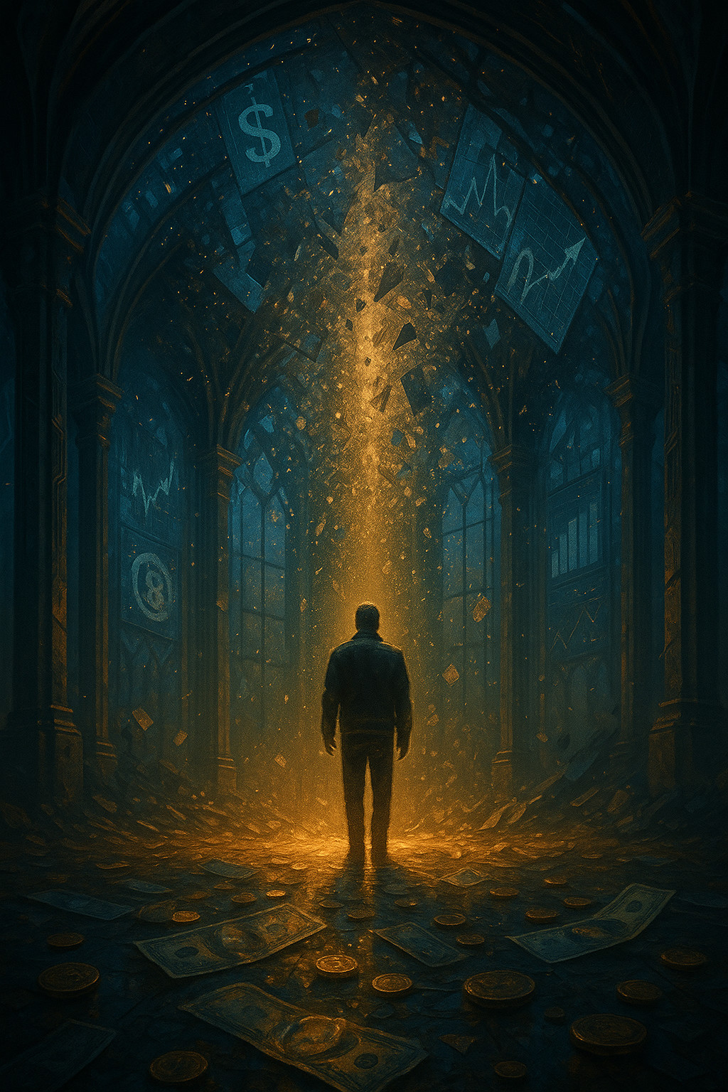 Figura humana observando la caída de una catedral digital que simboliza el colapso del sistema financiero global, iluminada por una luz dorada en contraste con sombras azul metálico.