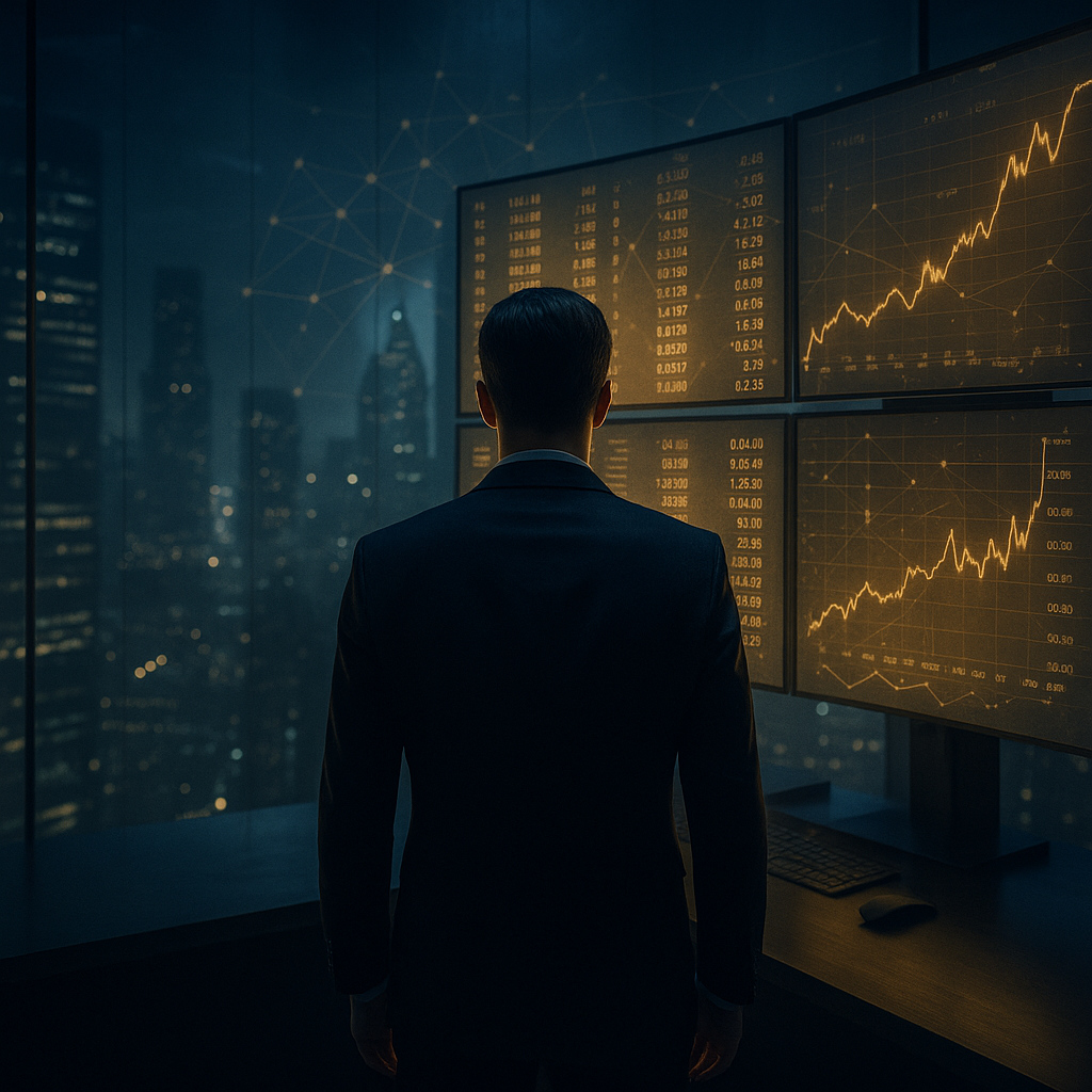 Figura sin rostro frente a pantallas financieras doradas, símbolo del poder intangible y de la nueva aristocracia global nacida del capitalismo moderno.